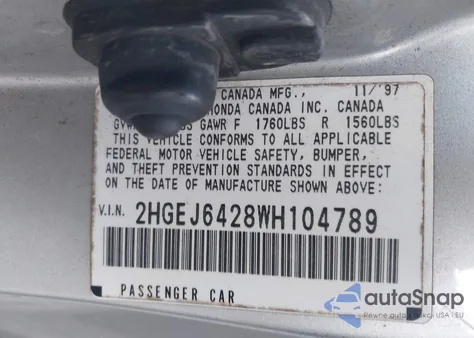 1998 Honda Civic Cx from USA, damaged, VIN 2HGEJ6428WH104789